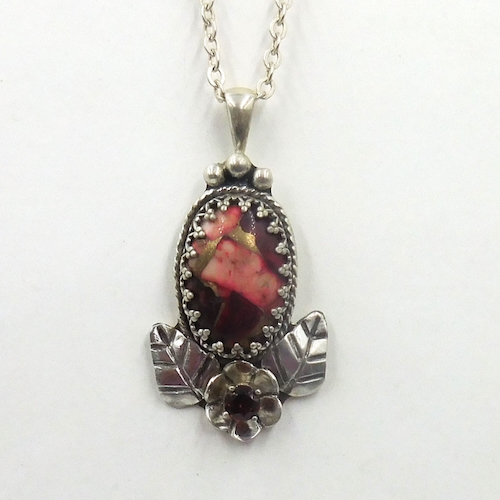 DKC-2094 Pendant, Red Copper Buffalo TQ & Garnet $280 at Hunter Wolff Gallery